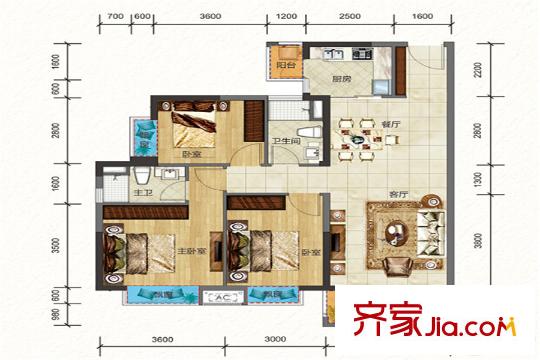 班芙春天7棟K戶型圖 3室2廳2衛(wèi)1廚