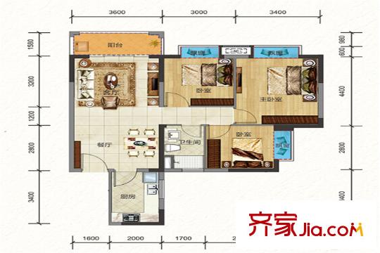 班芙春天7棟L戶型圖 3室2廳1衛(wèi)1廚