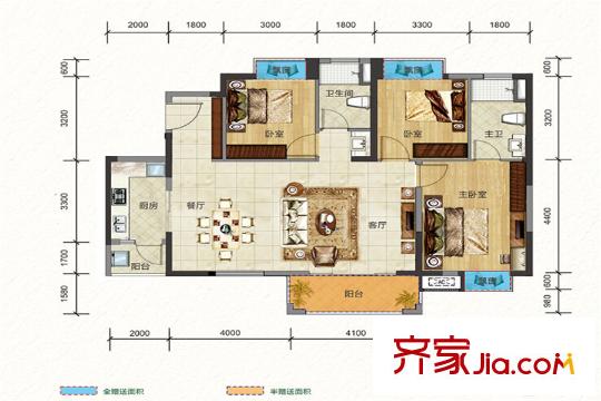 班芙春天7棟J戶型圖 3室2廳2衛(wèi)1廚