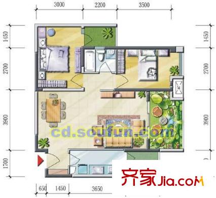 西西里戶型圖C2型 2室2廳1衛(wèi)1廚
