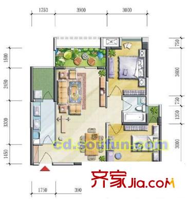 西西里戶型圖F型 2室2廳1衛(wèi)1廚