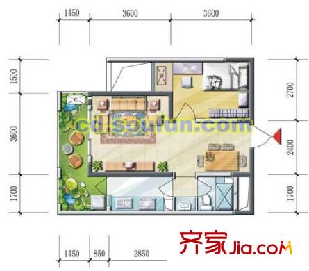 西西里戶型圖B型 1室2廳1衛(wèi)1廚