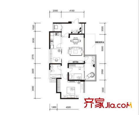 恒大西錦城二期5號樓標(biāo)準(zhǔn)層A戶型 2室2廳1衛(wèi)1廚