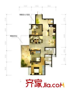 恒大西錦城一期2-5號樓標準層D戶型 3室2廳2衛(wèi)1廚