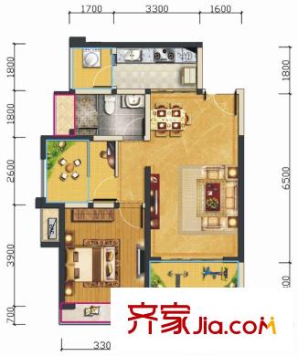 匯錦城一期3號樓標準層E3戶型 2室2廳1衛(wèi)1廚