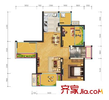匯錦城一期1號樓標準層A戶型【售罄】 2室2廳1衛(wèi)1廚