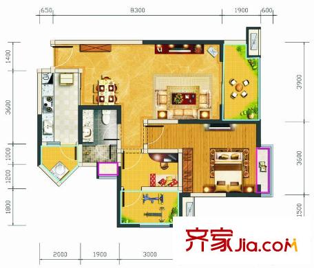匯錦城一期3號樓標準層E6戶型【售罄】 2室2廳1衛(wèi)1廚