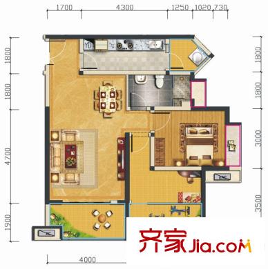 匯錦城一期3號樓標準層E4戶型【售罄】 2室2廳1衛(wèi)1廚