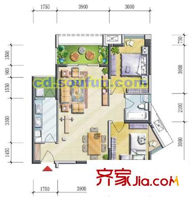 西西里戶型圖F1型 2室2廳1衛(wèi)1廚
