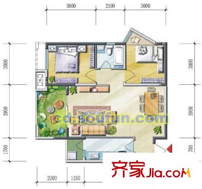 西西里戶型圖A型 2室2廳1衛(wèi)1廚
