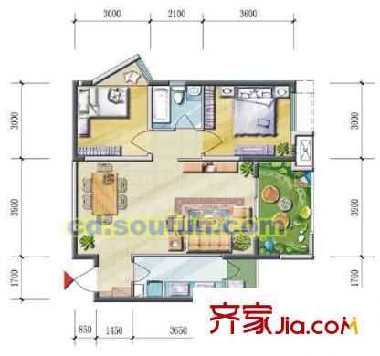 西西里戶型圖A1型 2室2廳1衛(wèi)1廚