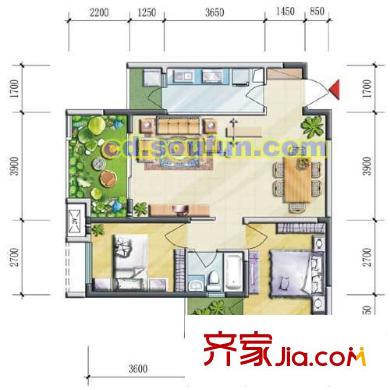 西西里戶型圖C型 2室2廳1衛(wèi)1廚