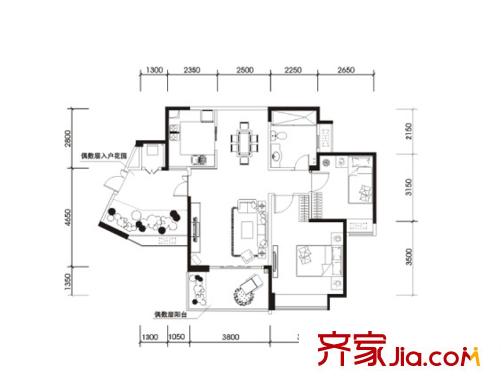 恒大西錦城二期9號樓標(biāo)準(zhǔn)層B戶型 2室2廳1衛(wèi)1廚