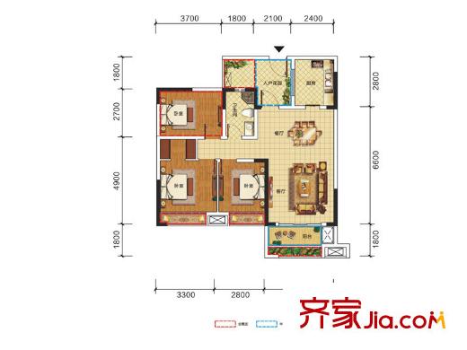 南湖左岸一期6號樓標(biāo)準(zhǔn)層C1戶型圖 2室2廳1衛(wèi)1廚