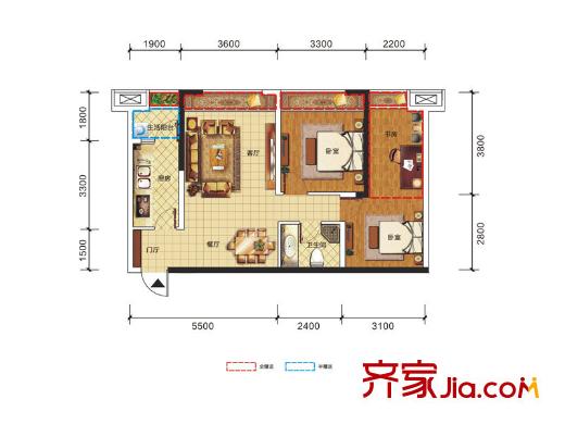 南湖左岸一期6號樓標(biāo)準(zhǔn)層A1戶型圖 2室2廳1衛(wèi)1廚