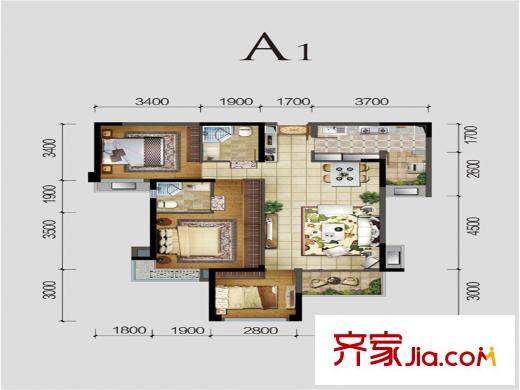 建發(fā)鷺洲國(guó)際一期1、5號(hào)樓標(biāo)準(zhǔn)層A1戶型 3室2廳2衛(wèi)1廚