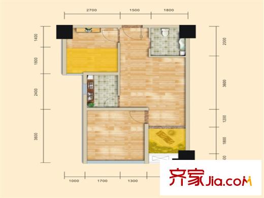 錦匯城一期13、14、15號(hào)樓標(biāo)準(zhǔn)層B3戶型    2室1廳1衛(wèi)1廚