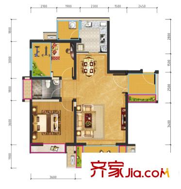 匯錦城一期1號樓標準層B戶型【售罄】 2室2廳1衛(wèi)1廚
