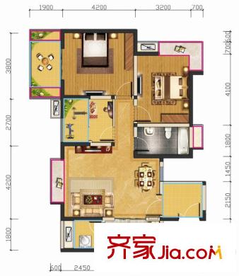 匯錦城一期3號樓標準層E2戶型【售罄】 3室2廳1衛(wèi)1廚