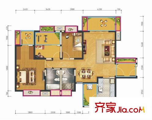 匯錦城一期1號樓標準層C戶型【售罄】 3室2廳2衛(wèi)1廚