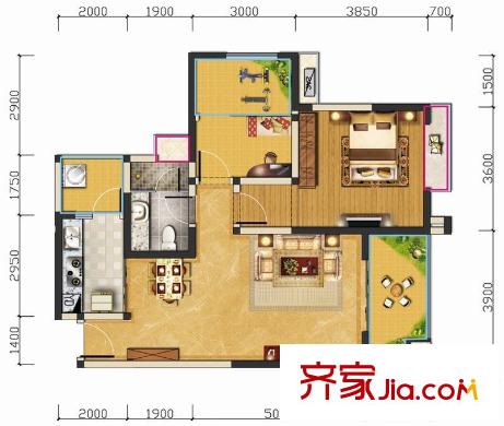 匯錦城一期3號樓標準層E5戶型【售罄】 2室2廳1衛(wèi)1廚