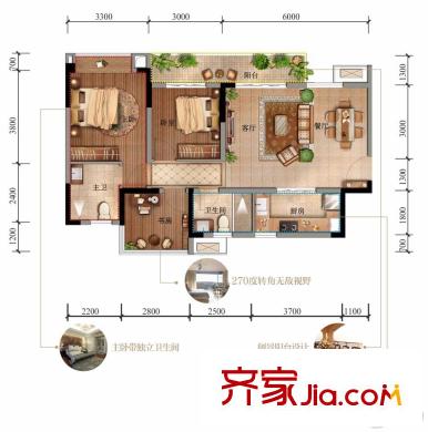 藍(lán)光金悅金沙1期1號樓標(biāo)準(zhǔn)層A2戶型 3室2廳2衛(wèi)1廚
