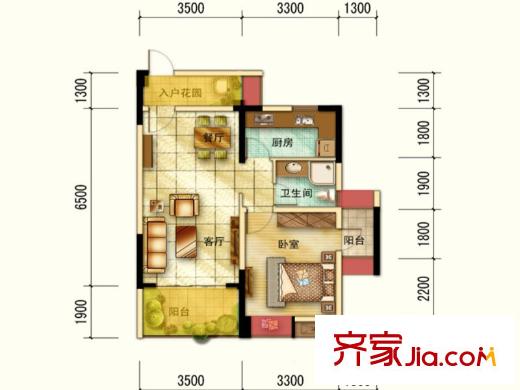 航天城上城一期11號樓標準層A3戶型 1室2廳1衛(wèi)1廚