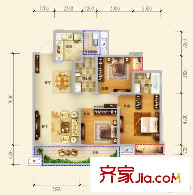 保利錦江里5棟標(biāo)準(zhǔn)層A3戶型 3室2廳2衛(wèi)1廚