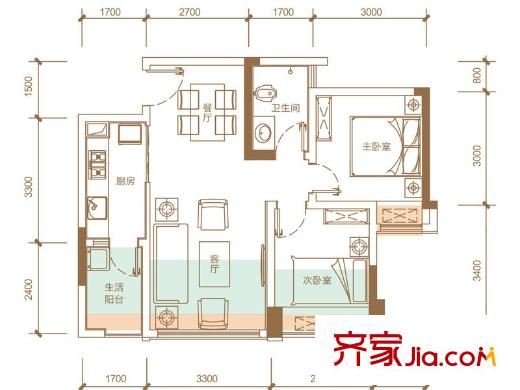 隆鑫十里畫卷一期1、2號樓標準層B1戶型【售罄】 2室2廳1衛(wèi)1廚