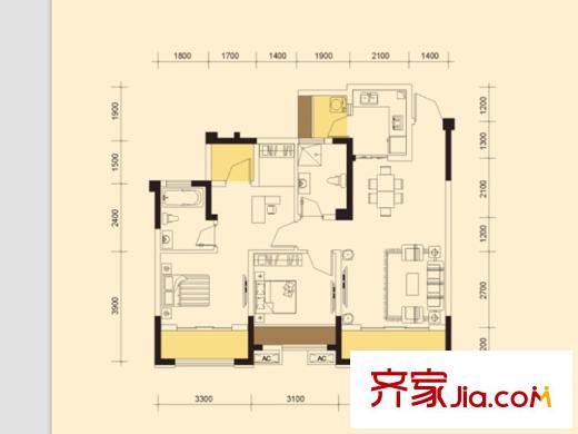 金座威尼谷1、2、4、5、7、9號(hào)樓標(biāo)準(zhǔn)層C4戶型 2室2廳2衛(wèi)1廚