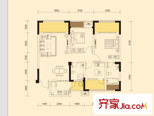 金座威尼谷1、2、4、5、7、9號(hào)樓標(biāo)準(zhǔn)層C3戶型 3室2廳2衛(wèi)1廚