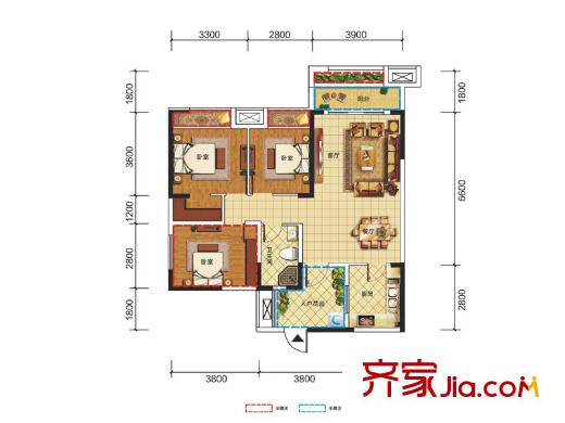 南湖左岸一期6號樓標(biāo)準(zhǔn)層C2戶型圖 2室2廳1衛(wèi)1廚