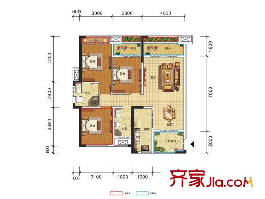 南湖左岸一期6號樓標(biāo)準(zhǔn)層F1戶型圖（售罄） 2室2廳2衛(wèi)1廚