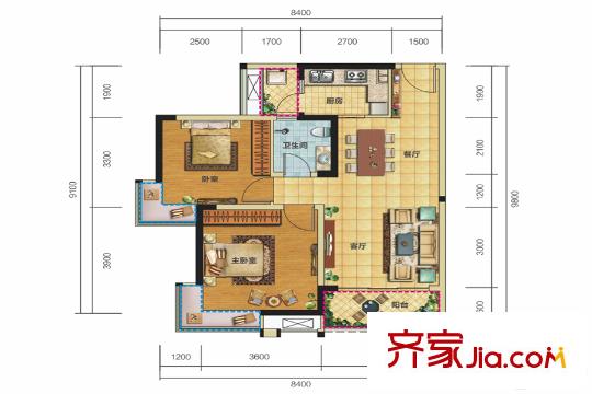 錦匯城二期3、4、5棟標(biāo)準(zhǔn)層B4戶型 2室2廳1衛(wèi)1廚