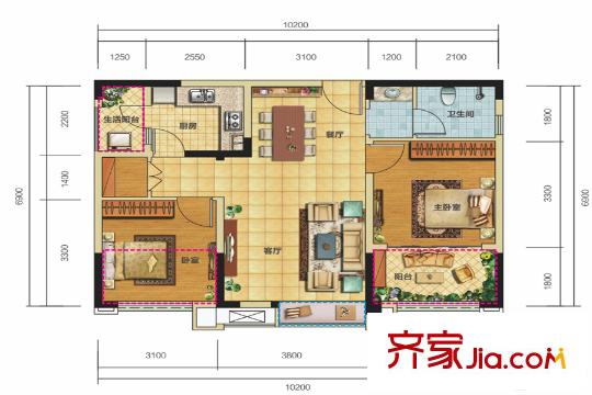 錦匯城二期1、2、6、7棟標(biāo)準(zhǔn)層A4戶型 2室2廳1衛(wèi)1廚