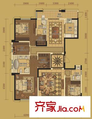 保利康橋1期1棟18棟標準層C1戶型 4室2廳3衛(wèi)1廚