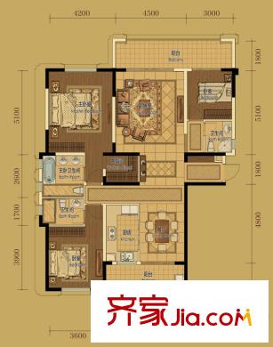保利康橋1期1棟標準層B1戶型 3室2廳3衛(wèi)1廚