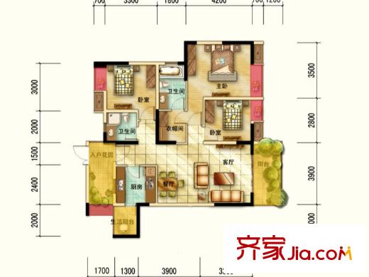 航天城上城一期11號樓標準層A1戶型 3室2廳2衛(wèi)1廚