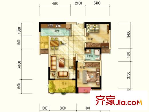 航天城上城一期11號樓標準層B3戶型 2室2廳1衛(wèi)1廚