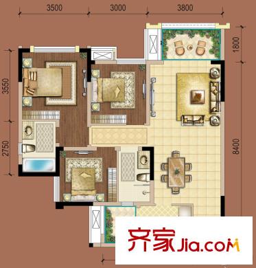 復(fù)地御香山3悅3期1、2棟C戶型 3室2廳2衛(wèi)1廚