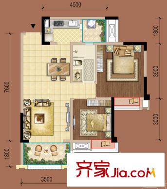 復(fù)地御香山3悅3期1、2棟A戶型 2室2廳1衛(wèi)1廚