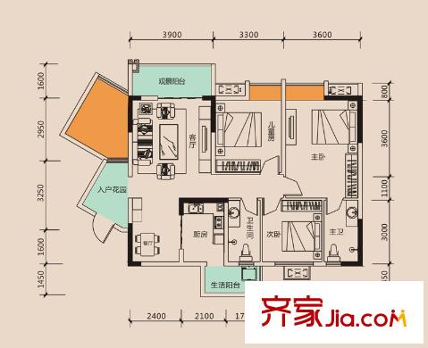 隆騰世紀朗域戶型圖二期6/7/8棟標準層C1戶型 3室2廳2衛(wèi)1廚