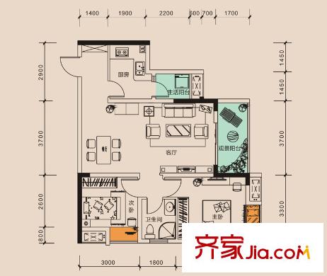 隆騰世紀朗域戶型圖二期6/7/8棟標準層C2戶型 2室2廳1衛(wèi)1廚