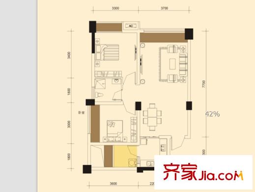 金座威尼谷1、2、4、5、7、9號(hào)樓標(biāo)準(zhǔn)層E4戶型 2室2廳1衛(wèi)1廚