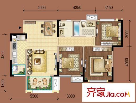 復(fù)地御香山3悅3期1、2棟B戶型 3室2廳2衛(wèi)1廚