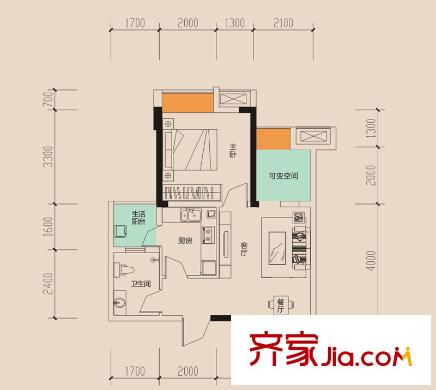 隆騰世紀朗域戶型圖二期2/3棟標準層B1戶型 1室2廳1衛(wèi)1廚