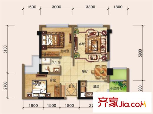 繽紛翡翠灣一期1、3號(hào)樓標(biāo)準(zhǔn)層A3戶型 2室2廳1衛(wèi)1廚