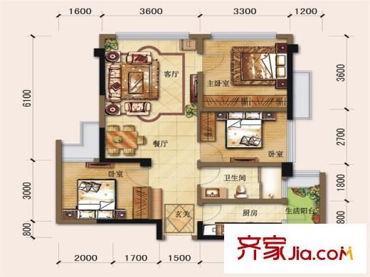 繽紛翡翠灣一期1、3號(hào)樓標(biāo)準(zhǔn)層A1戶型 3室2廳1衛(wèi)1廚
