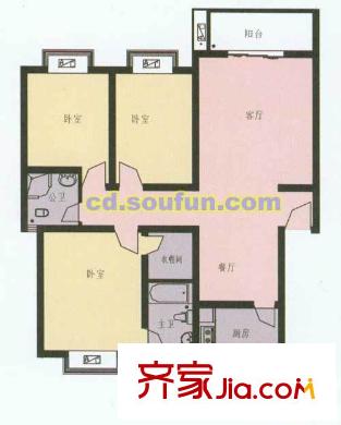 柳城陽光戶型圖F型 3室2廳2衛(wèi)1廚