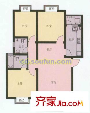 柳城陽光戶型圖G型 3室2廳2衛(wèi)1廚